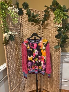Multicolor Floral Knit Crewneck Sweater with Pink Sleeve Accents